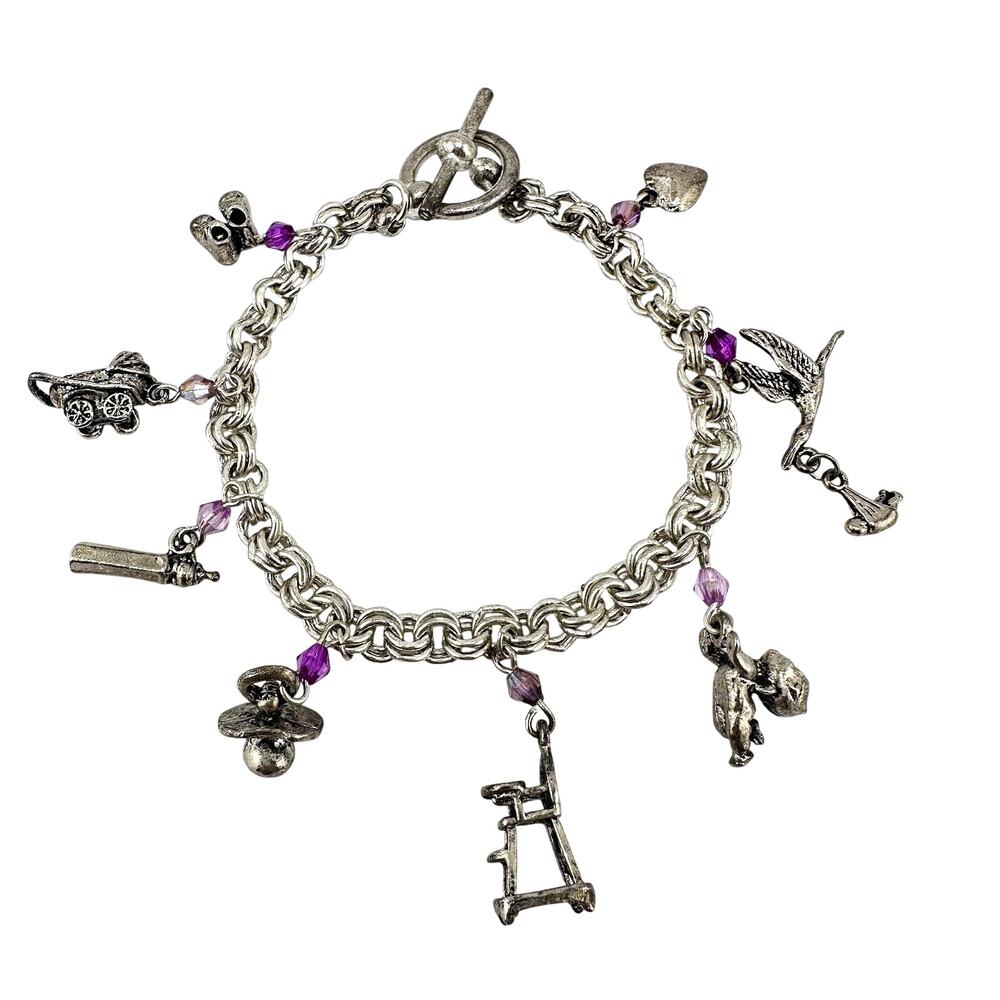 Baby Girl Charms Silver Tone Stroller High Chair Pacifier 7.25” Bracelet